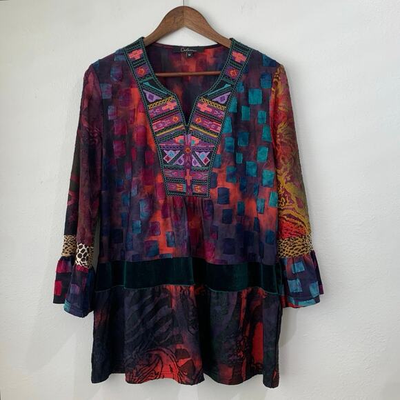Calessa Mixed Media Top Embroidered Artsy Womens Medium Art To Wear Unique Tunic - Picture 1 of 10